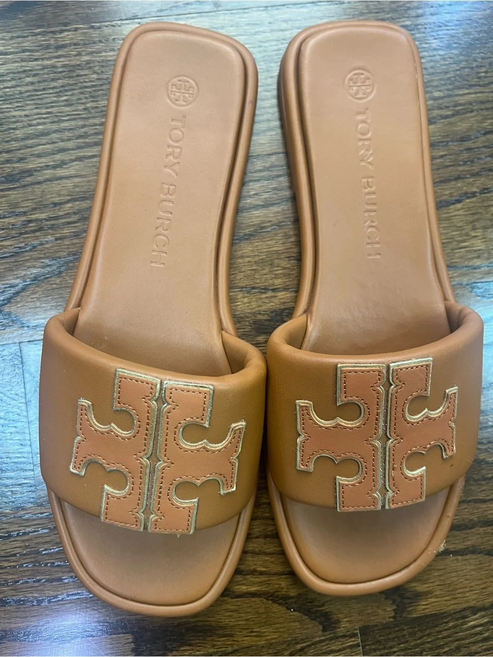 Tory Burch Tan Leather Logo Slide Sandals